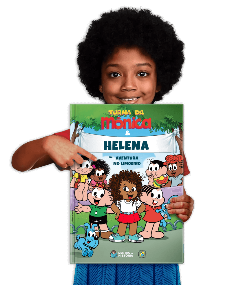 Livro de uma garota segurando seu livro personalizado da Turma da Mônica Livro de uma garota segurando seu livro personalizado da Turma da Mônica
